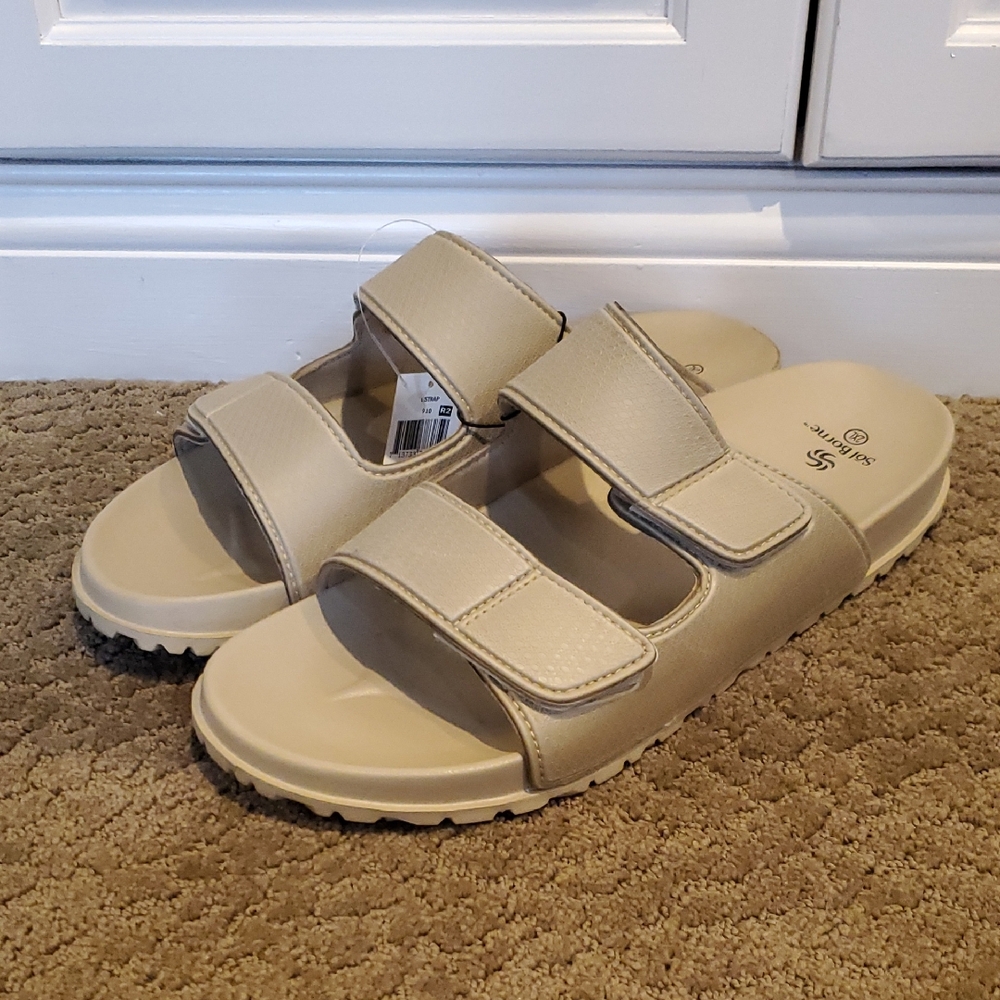 Men's Sol Borne Tan Slide Sandals with Double Straps Size 2XL XXL 13/14 NWT